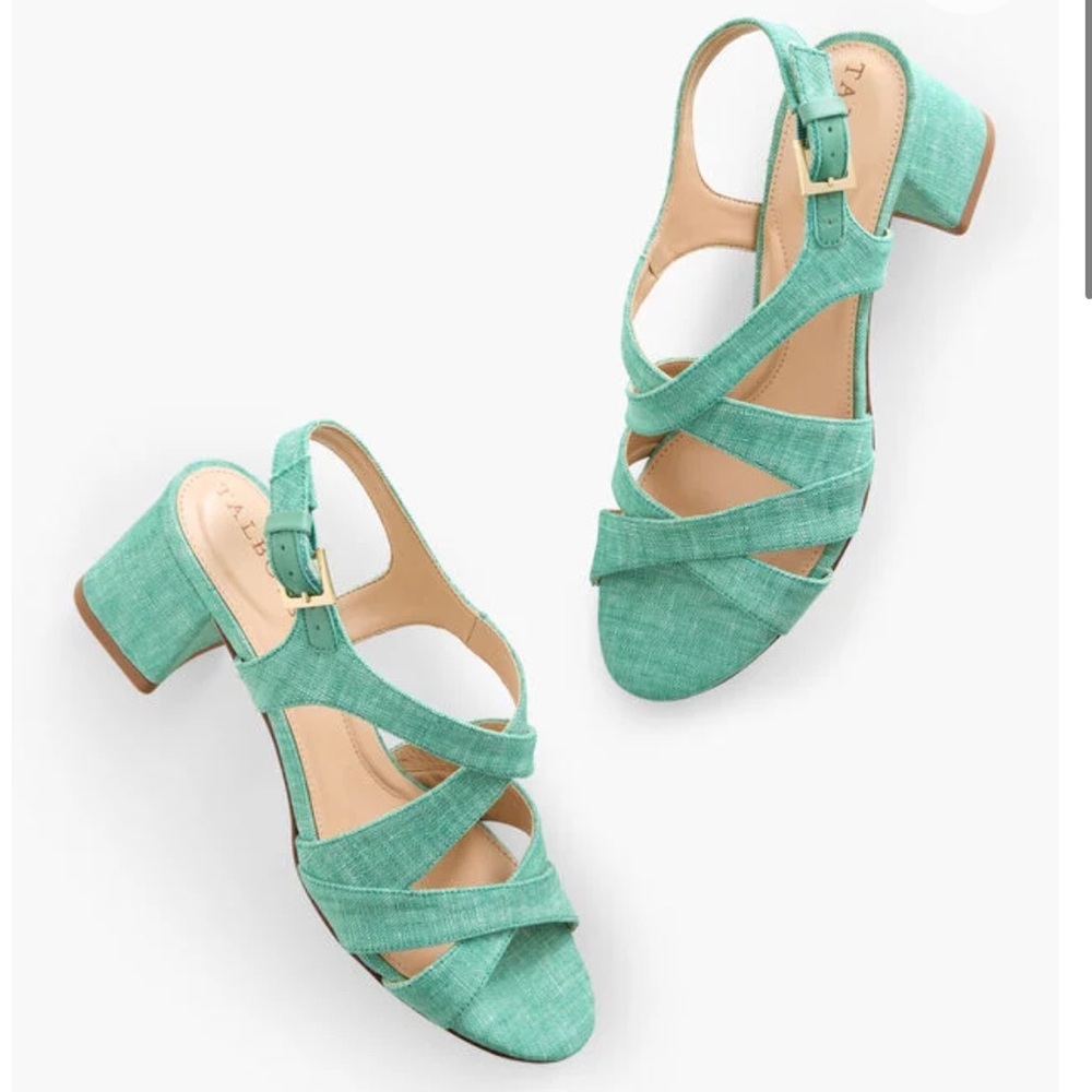 100% Linen! NWOT MILLIE STRAPS BLOCK HEEL WASHED LINEN SANDALS by TALBOTS